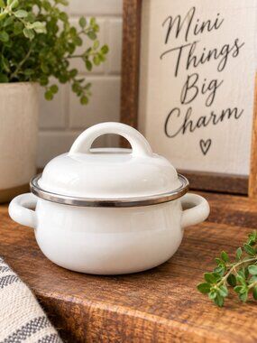 Vintage Retro Kitchenware Miniature White Enamel Cooking Pot with Lid